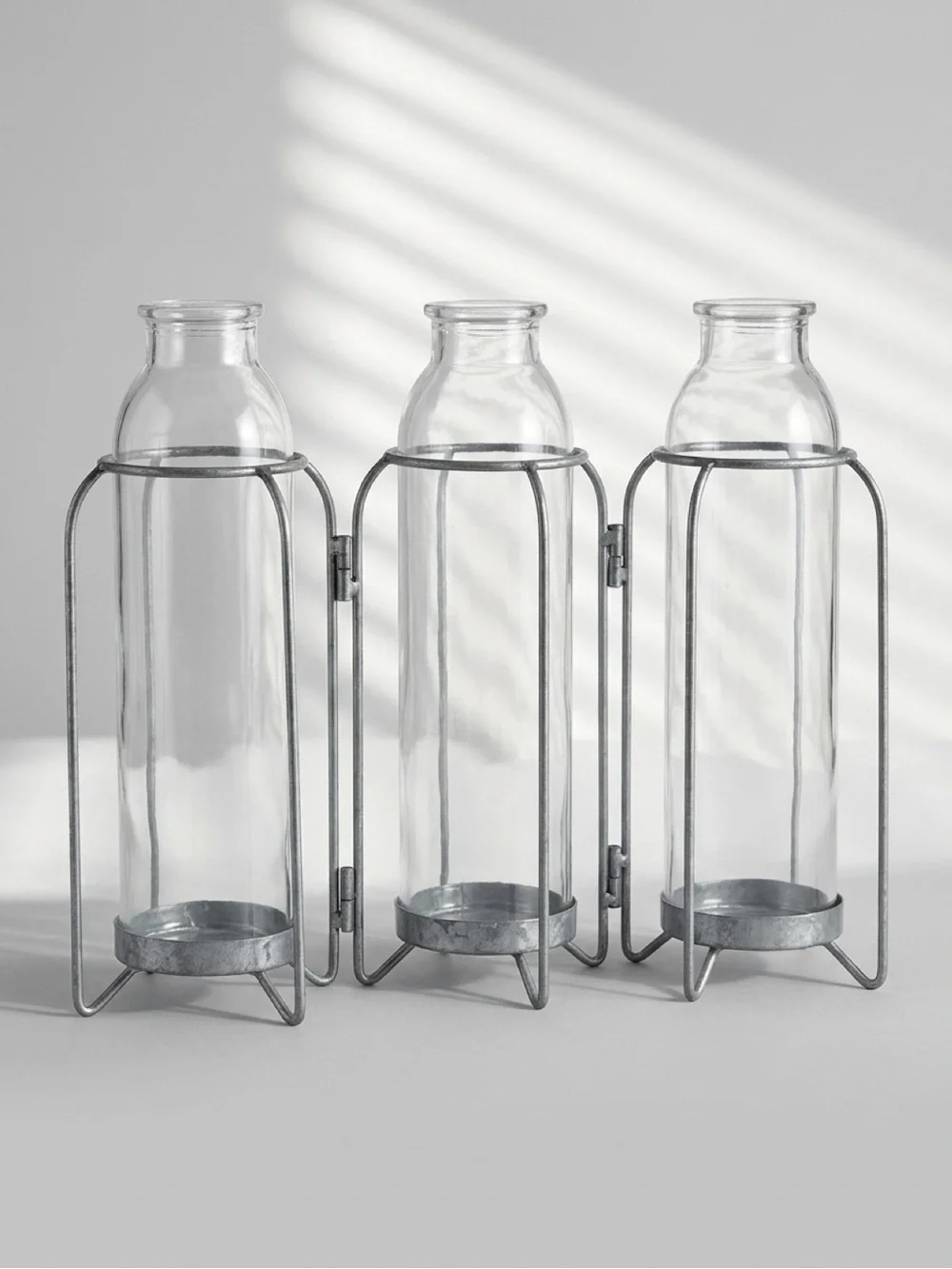 Clear Glass Bottle Trio with Hinged Metal Frames - Rustic Home Accents NWOT